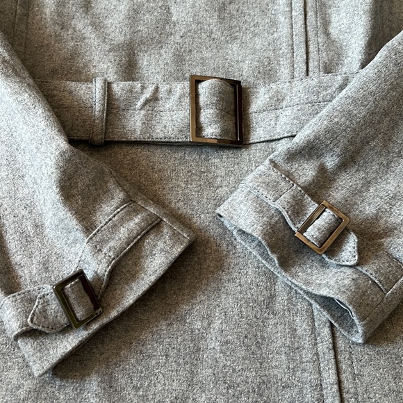 MNG Wool Blend Moto Zip Up Belted Jacket Gray Quilted Satin Lining Size US Small - Picture 9 of 16